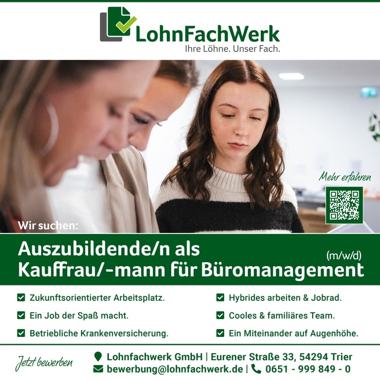 Wir suchen: Auszubildende/n als Kauffrau/-mann für Büromanagement (m/w/d)